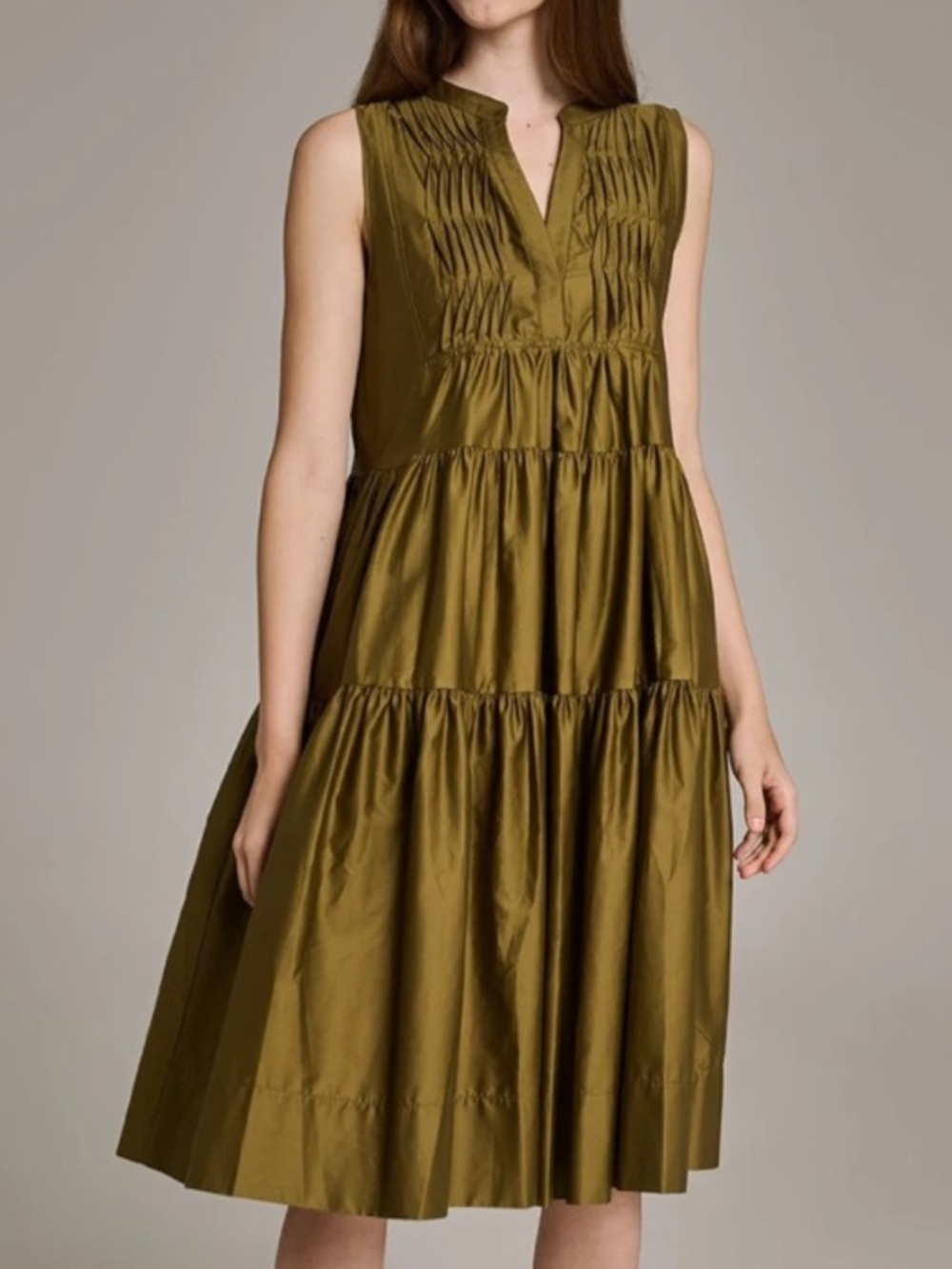 Anthropologie Devotion Twins Sleeveless Olive V Neck Tiered Pin-tuck Dress Sz S